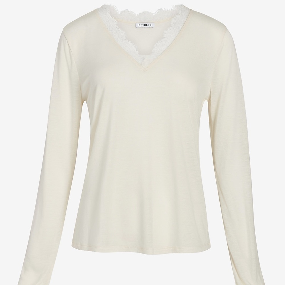 Express Relaxed Lace Pieced V-Neck Tee NWT S - Picture 4 of 11